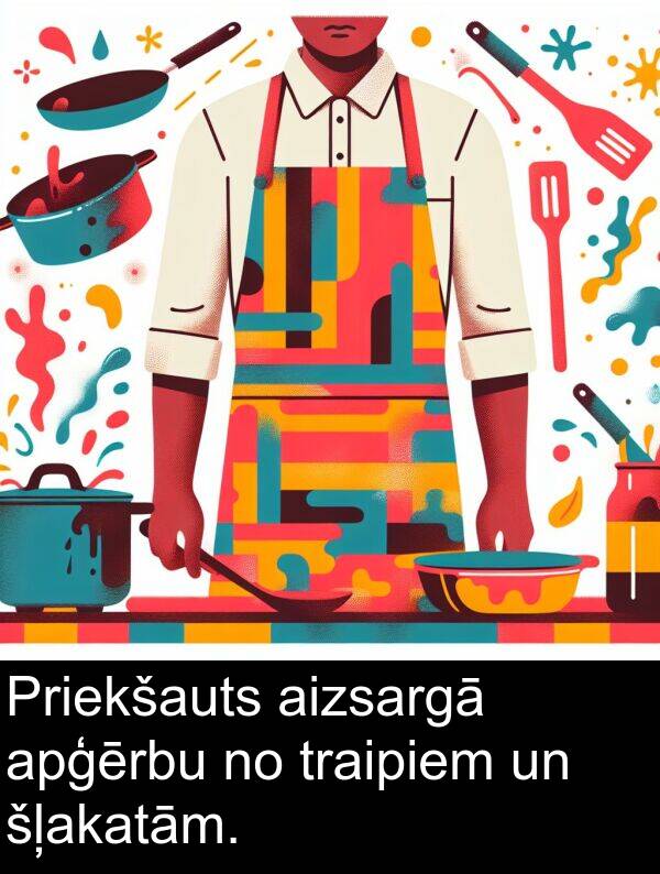šļakatām: Priekšauts aizsargā apģērbu no traipiem un šļakatām.