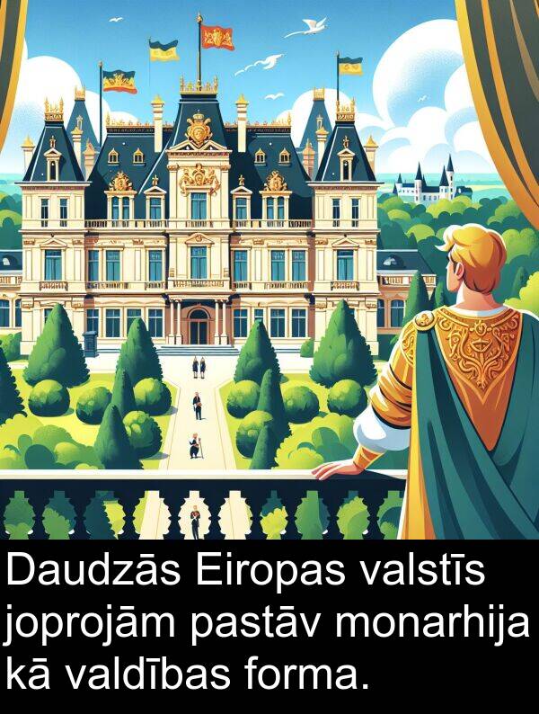 pastāv: Daudzās Eiropas valstīs joprojām pastāv monarhija kā valdības forma.