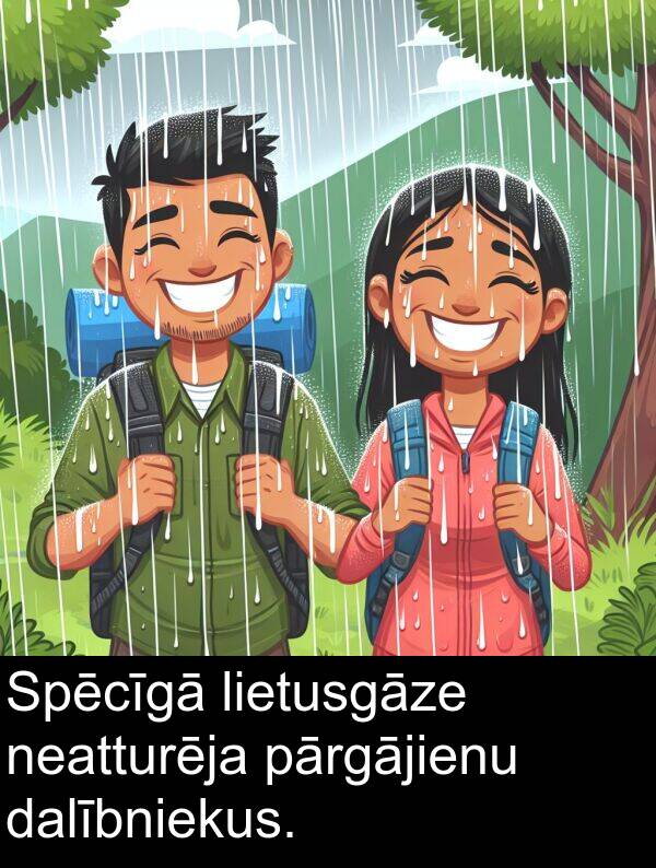 lietusgāze: Spēcīgā lietusgāze neatturēja pārgājienu dalībniekus.