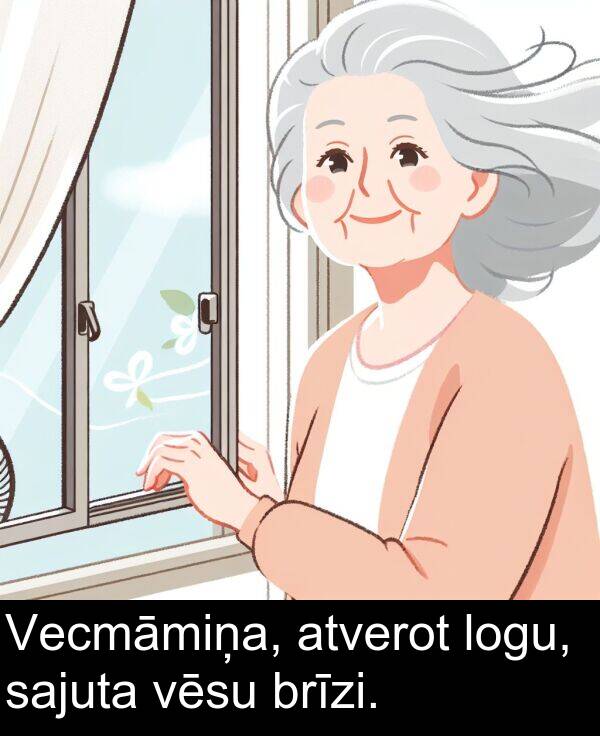 logu: Vecmāmiņa, atverot logu, sajuta vēsu brīzi.