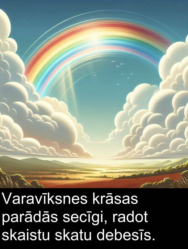 krāsas: Varavīksnes krāsas parādās secīgi, radot skaistu skatu debesīs.