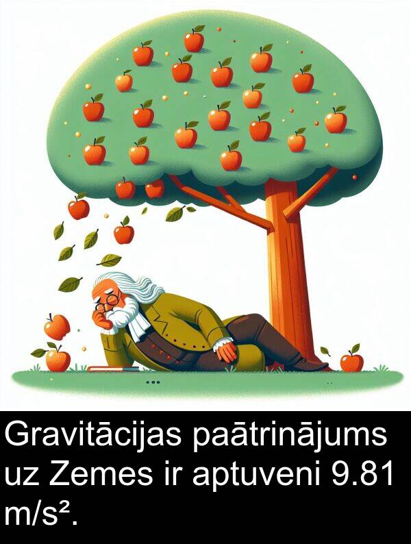 paātrinājums: Gravitācijas paātrinājums uz Zemes ir aptuveni 9.81 m/s².