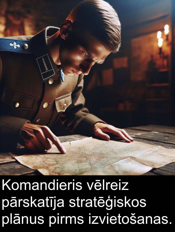 vēlreiz: Komandieris vēlreiz pārskatīja stratēģiskos plānus pirms izvietošanas.