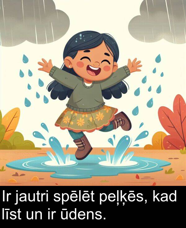 spēlēt: Ir jautri spēlēt peļķēs, kad līst un ir ūdens.