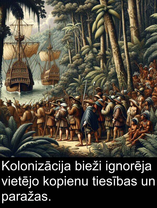 kopienu: Kolonizācija bieži ignorēja vietējo kopienu tiesības un paražas.