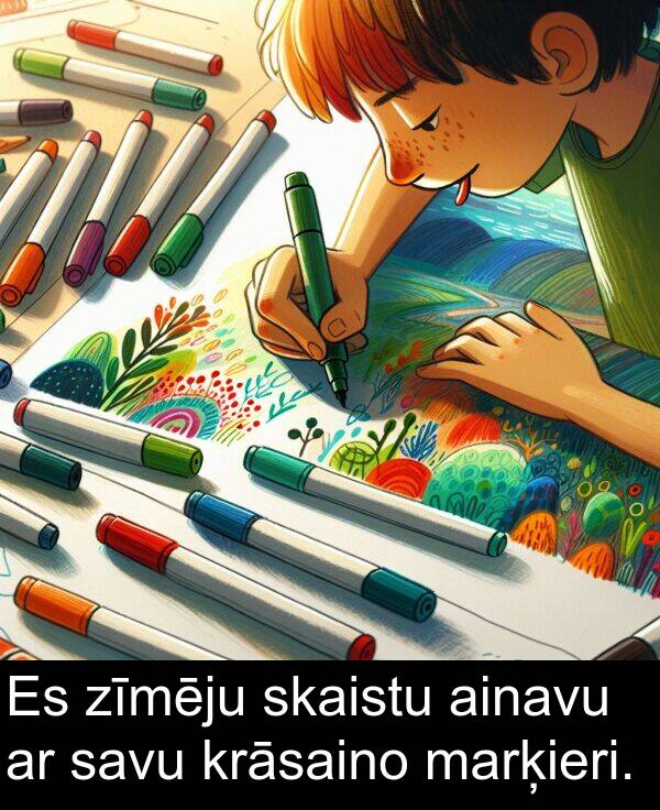 krāsaino: Es zīmēju skaistu ainavu ar savu krāsaino marķieri.