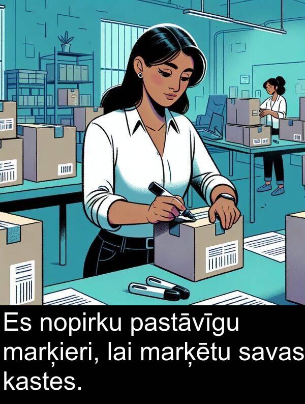 pastāvīgu: Es nopirku pastāvīgu marķieri, lai marķētu savas kastes.