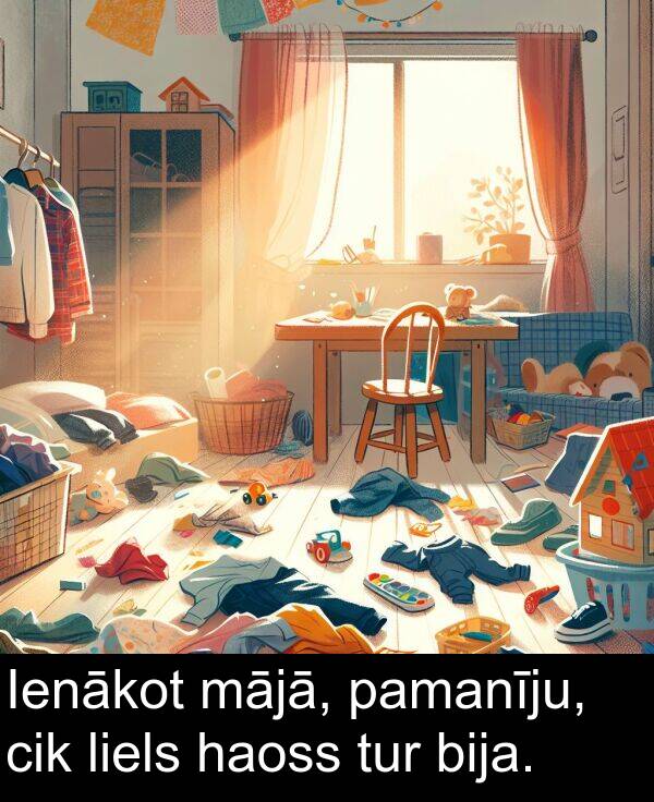 mājā: Ienākot mājā, pamanīju, cik liels haoss tur bija.