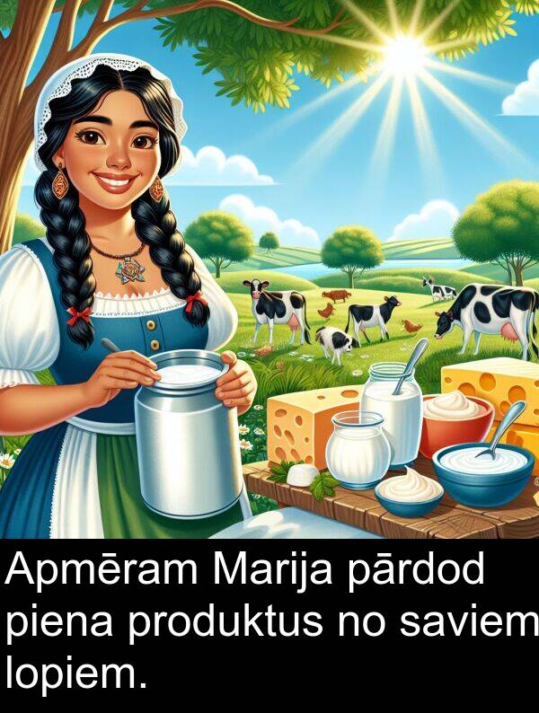 produktus: Apmēram Marija pārdod piena produktus no saviem lopiem.