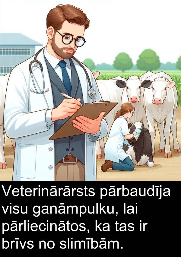 slimībām: Veterinārārsts pārbaudīja visu ganāmpulku, lai pārliecinātos, ka tas ir brīvs no slimībām.