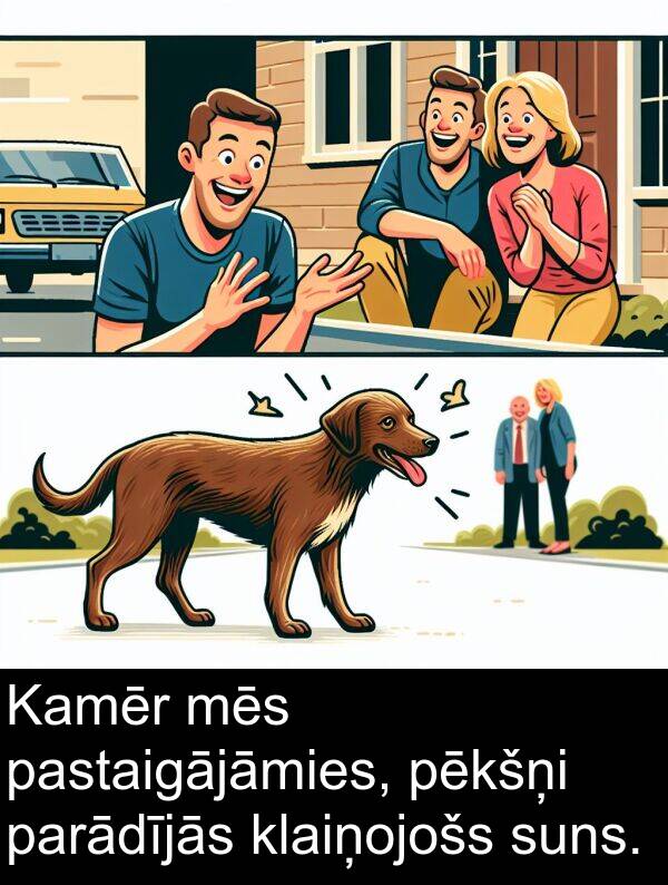 pastaigājāmies: Kamēr mēs pastaigājāmies, pēkšņi parādījās klaiņojošs suns.