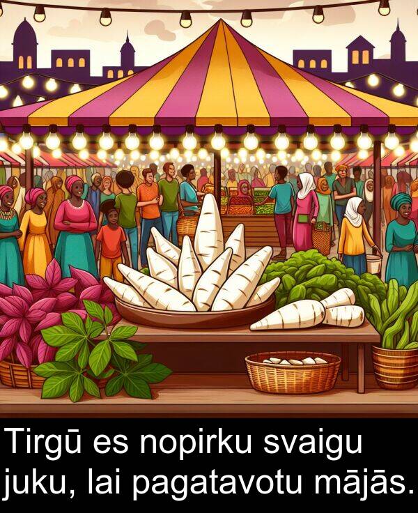 mājās: Tirgū es nopirku svaigu juku, lai pagatavotu mājās.