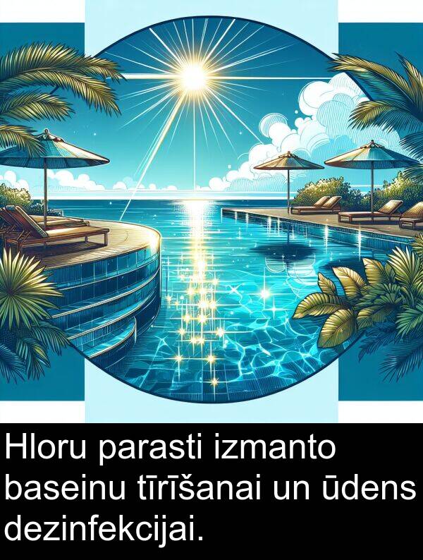 baseinu: Hloru parasti izmanto baseinu tīrīšanai un ūdens dezinfekcijai.