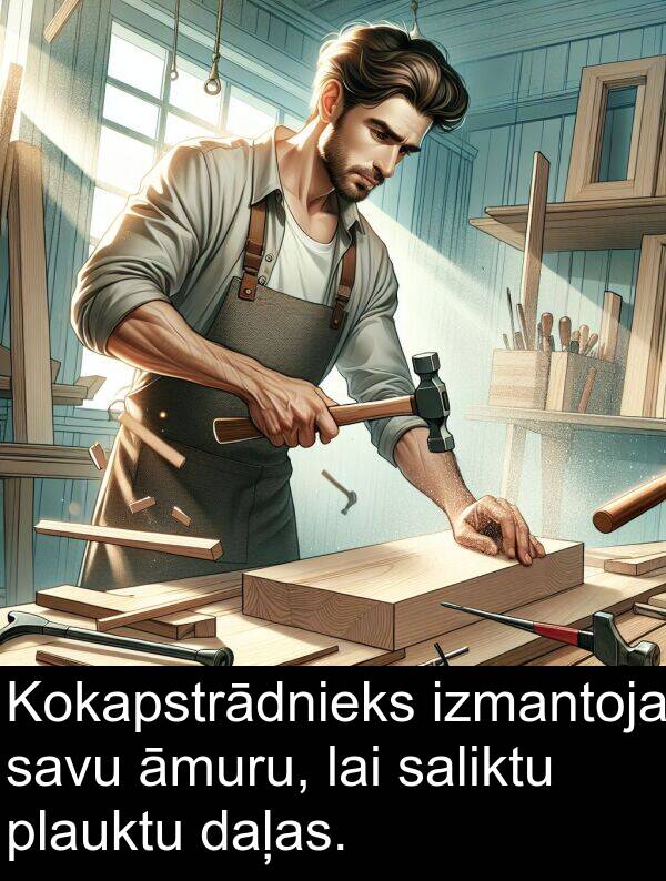 saliktu: Kokapstrādnieks izmantoja savu āmuru, lai saliktu plauktu daļas.