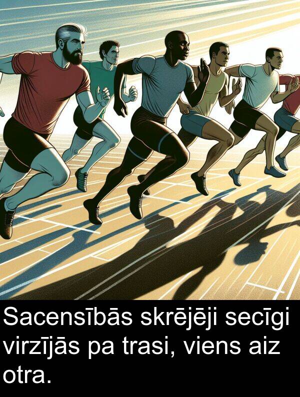 viens: Sacensībās skrējēji secīgi virzījās pa trasi, viens aiz otra.