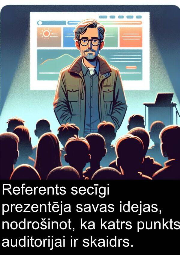 idejas: Referents secīgi prezentēja savas idejas, nodrošinot, ka katrs punkts auditorijai ir skaidrs.