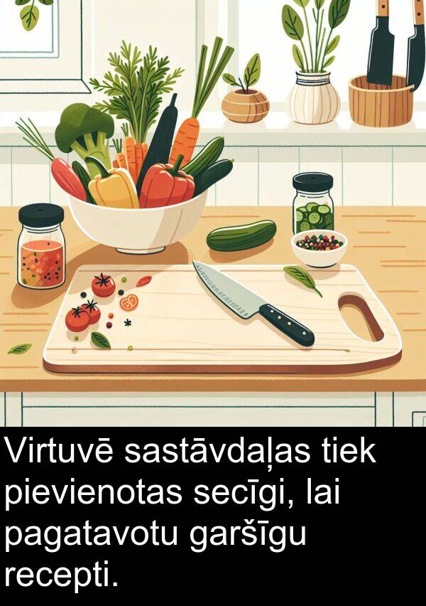 pagatavotu: Virtuvē sastāvdaļas tiek pievienotas secīgi, lai pagatavotu garšīgu recepti.