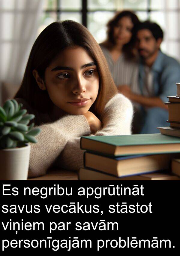 vecākus: Es negribu apgrūtināt savus vecākus, stāstot viņiem par savām personīgajām problēmām.