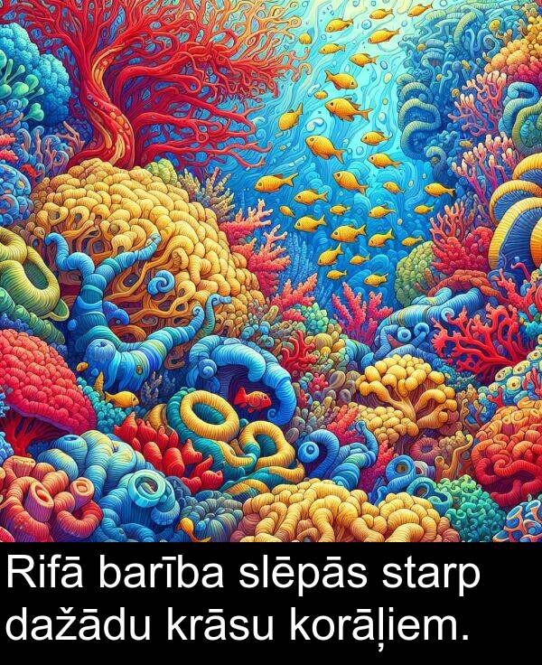 krāsu: Rifā barība slēpās starp dažādu krāsu korāļiem.