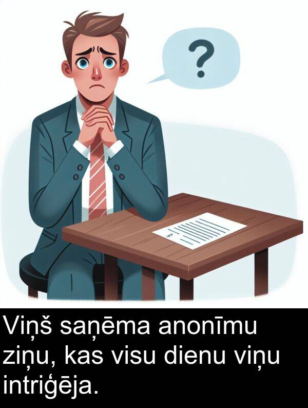 saņēma: Viņš saņēma anonīmu ziņu, kas visu dienu viņu intriģēja.