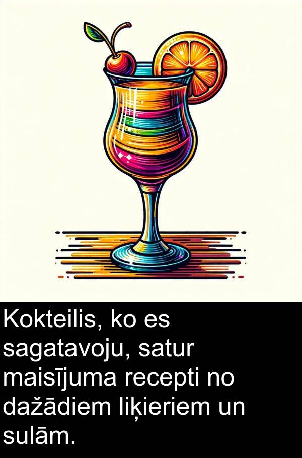 maisījuma: Kokteilis, ko es sagatavoju, satur maisījuma recepti no dažādiem liķieriem un sulām.