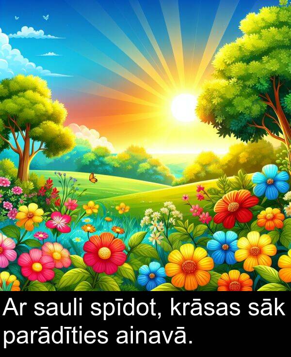 krāsas: Ar sauli spīdot, krāsas sāk parādīties ainavā.