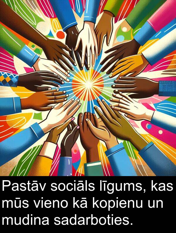 kopienu: Pastāv sociāls līgums, kas mūs vieno kā kopienu un mudina sadarboties.
