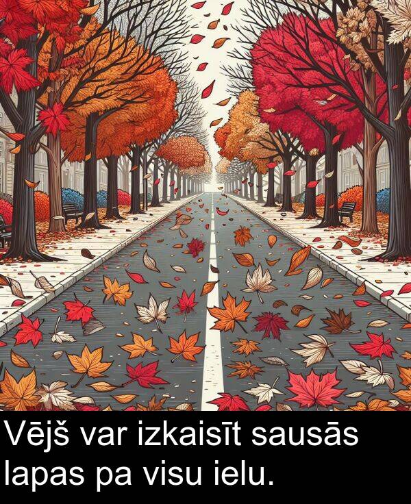 izkaisīt: Vējš var izkaisīt sausās lapas pa visu ielu.
