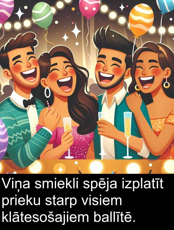 klātesošajiem: Viņa smiekli spēja izplatīt prieku starp visiem klātesošajiem ballītē.