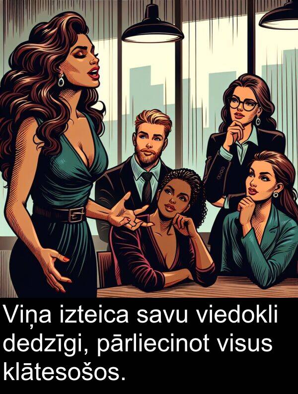 izteica: Viņa izteica savu viedokli dedzīgi, pārliecinot visus klātesošos.