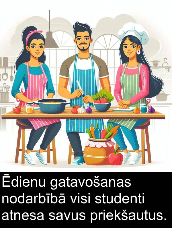 nodarbībā: Ēdienu gatavošanas nodarbībā visi studenti atnesa savus priekšautus.