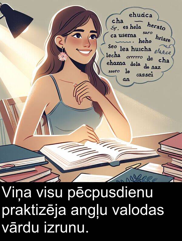 angļu: Viņa visu pēcpusdienu praktizēja angļu valodas vārdu izrunu.