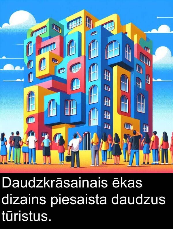 piesaista: Daudzkrāsainais ēkas dizains piesaista daudzus tūristus.
