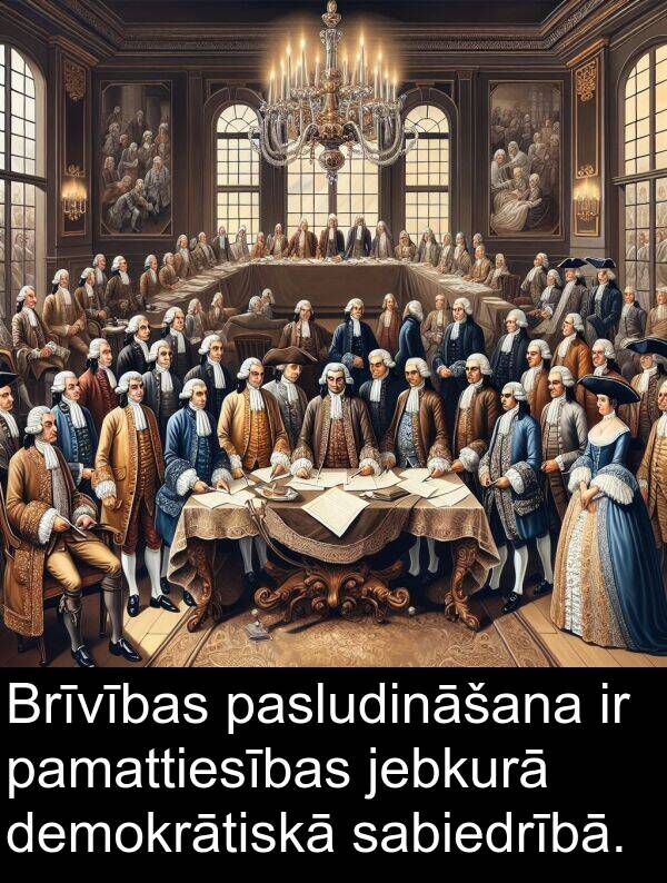 sabiedrībā: Brīvības pasludināšana ir pamattiesības jebkurā demokrātiskā sabiedrībā.