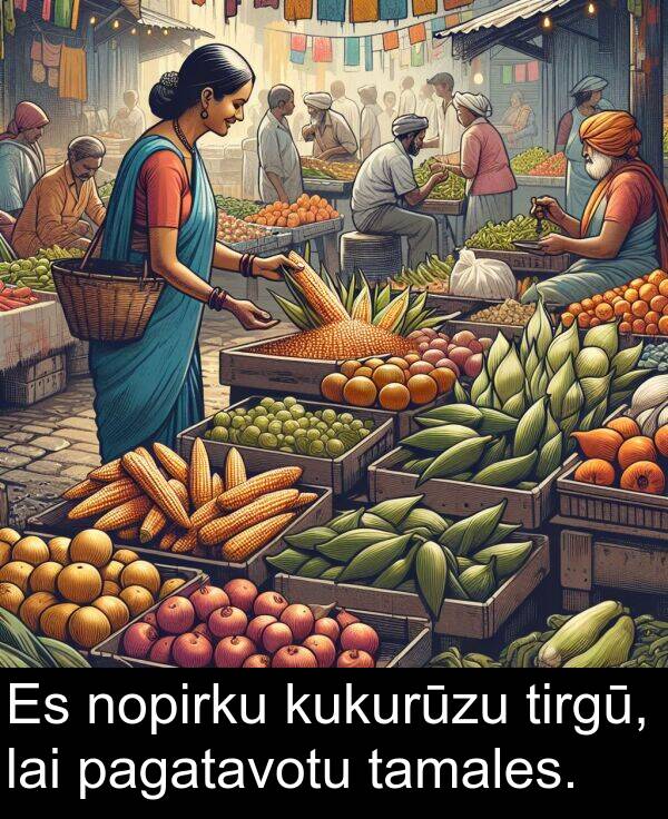 kukurūzu: Es nopirku kukurūzu tirgū, lai pagatavotu tamales.
