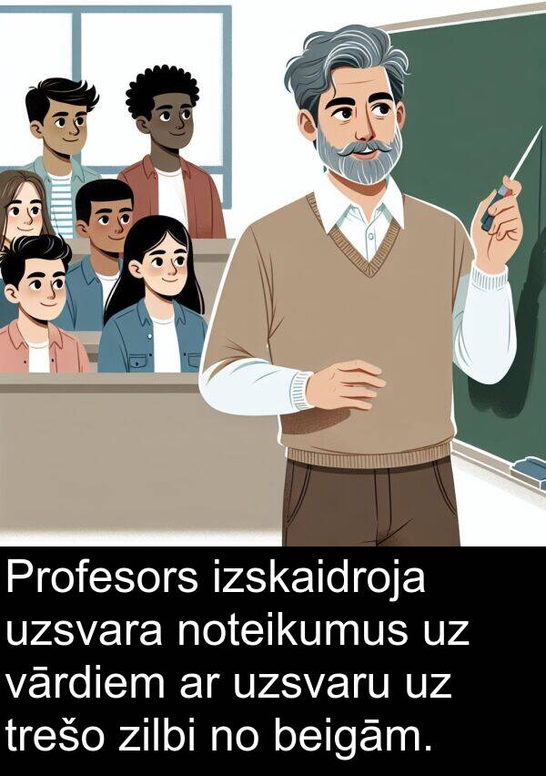 zilbi: Profesors izskaidroja uzsvara noteikumus uz vārdiem ar uzsvaru uz trešo zilbi no beigām.