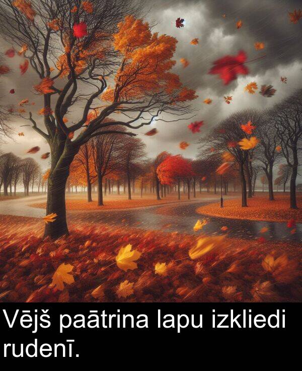 izkliedi: Vējš paātrina lapu izkliedi rudenī.