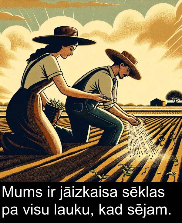 jāizkaisa: Mums ir jāizkaisa sēklas pa visu lauku, kad sējam.