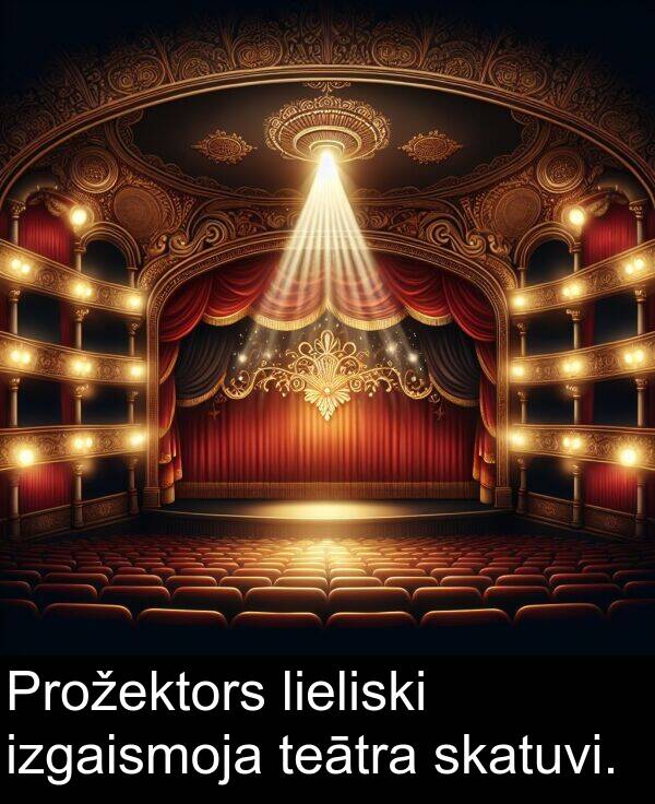 lieliski: Prožektors lieliski izgaismoja teātra skatuvi.