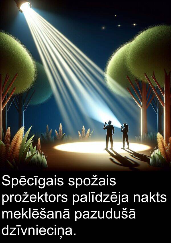 meklēšanā: Spēcīgais spožais prožektors palīdzēja nakts meklēšanā pazudušā dzīvnieciņa.