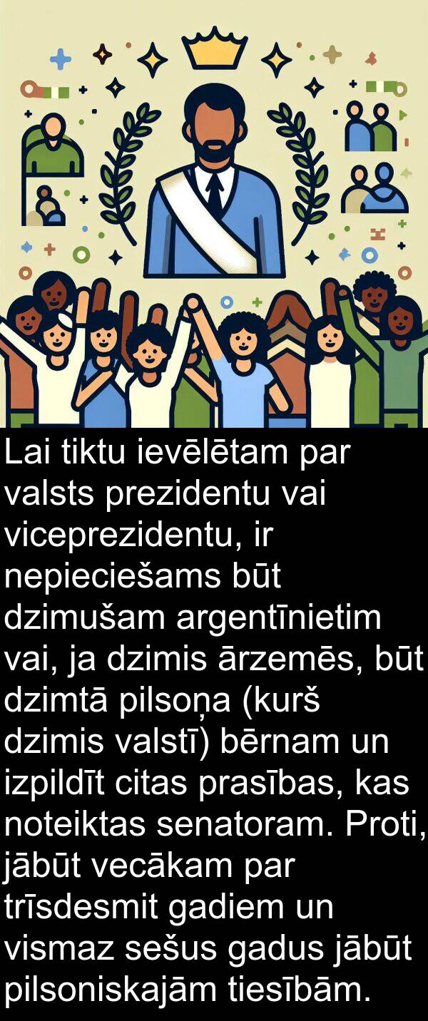 valstī: Lai tiktu ievēlētam par valsts prezidentu vai viceprezidentu, ir nepieciešams būt dzimušam argentīnietim vai, ja dzimis ārzemēs, būt dzimtā pilsoņa (kurš dzimis valstī) bērnam un izpildīt citas prasības, kas noteiktas senatoram. Proti, jābūt vecākam par trīsdesmit gadiem un vismaz sešus gadus jābūt pilsoniskajām tiesībām.