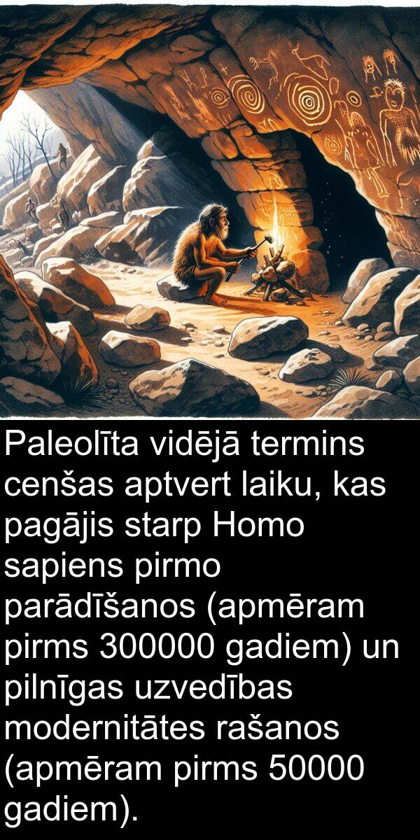 pagājis: Paleolīta vidējā termins cenšas aptvert laiku, kas pagājis starp Homo sapiens pirmo parādīšanos (apmēram pirms 300000 gadiem) un pilnīgas uzvedības modernitātes rašanos (apmēram pirms 50000 gadiem).