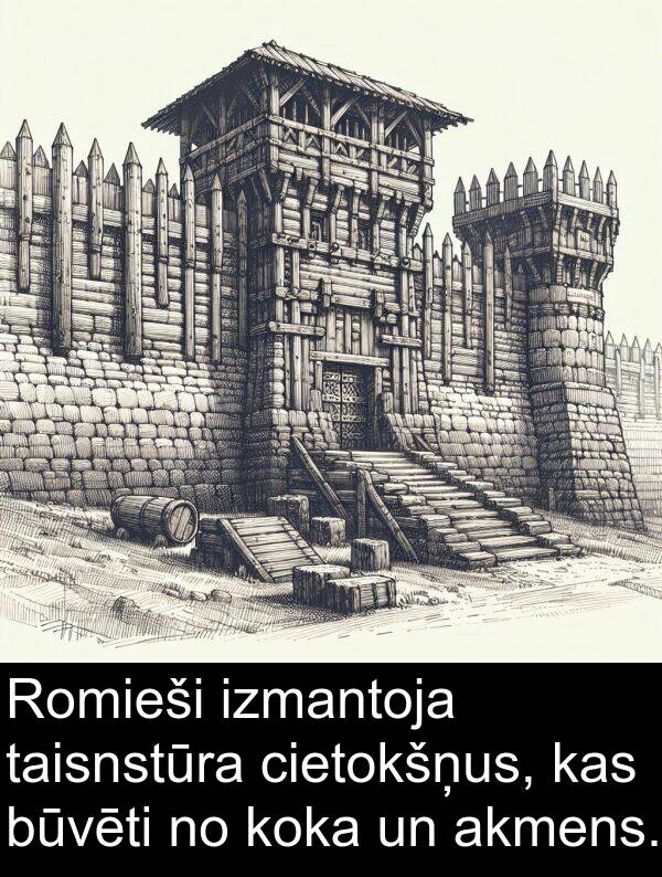 koka: Romieši izmantoja taisnstūra cietokšņus, kas būvēti no koka un akmens.
