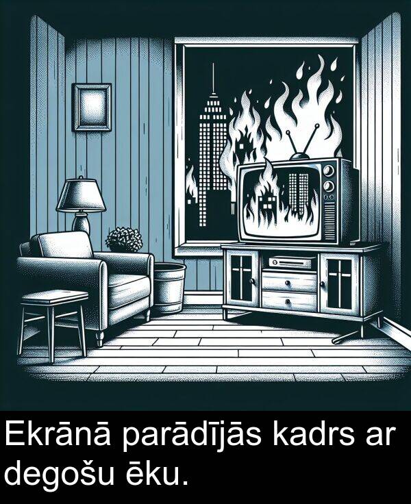 kadrs: Ekrānā parādījās kadrs ar degošu ēku.