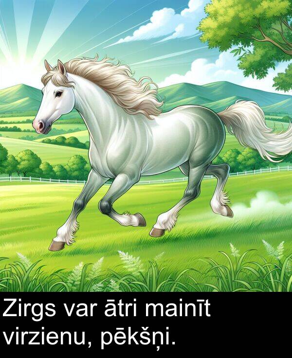 mainīt: Zirgs var ātri mainīt virzienu, pēkšņi.