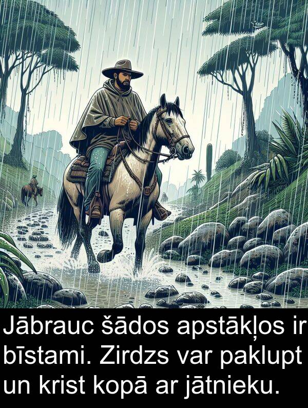 kopā: Jābrauc šādos apstākļos ir bīstami. Zirdzs var paklupt un krist kopā ar jātnieku.