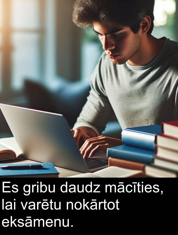 mācīties: Es gribu daudz mācīties, lai varētu nokārtot eksāmenu.