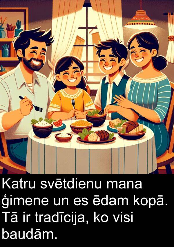 kopā: Katru svētdienu mana ģimene un es ēdam kopā. Tā ir tradīcija, ko visi baudām.
