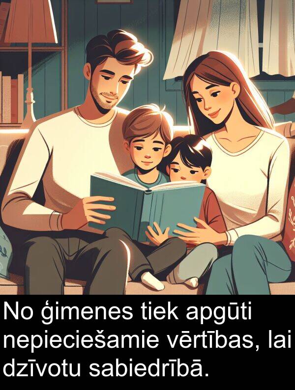 sabiedrībā: No ģimenes tiek apgūti nepieciešamie vērtības, lai dzīvotu sabiedrībā.