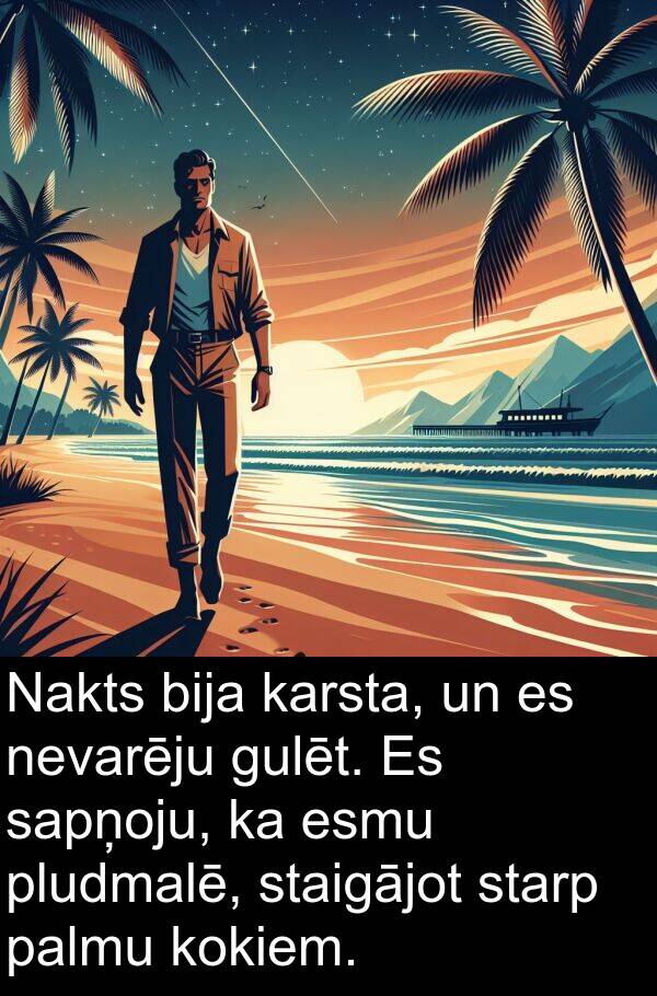 kokiem: Nakts bija karsta, un es nevarēju gulēt. Es sapņoju, ka esmu pludmalē, staigājot starp palmu kokiem.